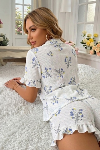 Bella Notte Mavi Çiçek Baskılı Fırfırlı Pijama Takımı