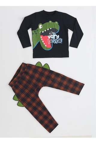 Casabony Ekose Muzip Dino Pantolon + T-shirt Takım-laci Desenli Lacivert
