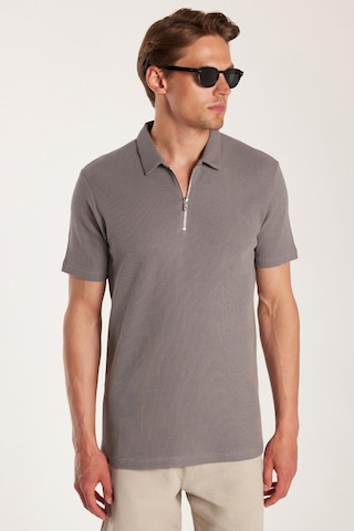 Tudors Erkek Slim Fit Dar Kesim %100 Pamuk Fermuarlı Gri Polo Yaka Tişört-33940 Gri