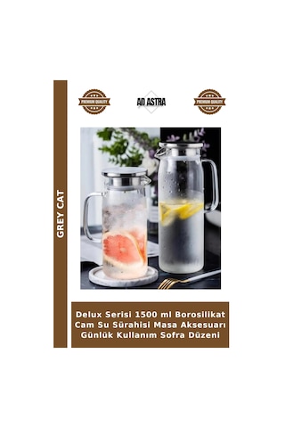 Delux Serisi 1500 Ml Borosilikat Cam Su Sürahisi Masa Aksesuarı Günlük Kullanım Sofra Düzeni