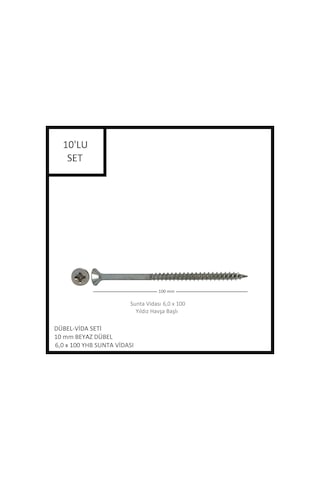 Dübel-vida Seti, Beyaz Dübel 10 Mm, 6,0x100 Yhb Sunta Vidası, 10 Adet