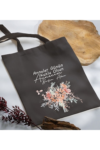 Bk Gift Kişiye Özel İsimli Anneler Günü Tasarımlı Antrasit Kumaş Bez Çanta, Baskılı Omuz Çantası, Alışveriş Çantası, Anneler Günü Hediyesi, Anneye Hediye-9 Sarı