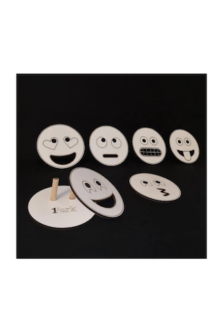 Ahşap Figürlü 6'lı Bardak Altlığı - Emojiler - Beyaz - Lazer Çizm Beyaz