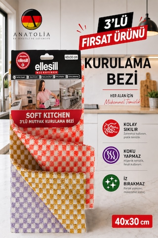 Ellesill Soft Kitchen 3 Lü Mutfak Bezi 40x30 Cm - Koku Yapmaz Tezgah Bezi, Kurulama Bezi, Temizlik Bezi Mix