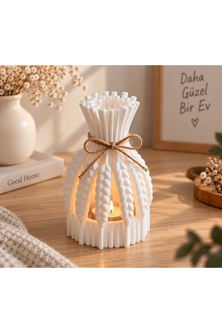 Başak Dekoratif Desenli Tealight Mumluk Feneri Beyaz