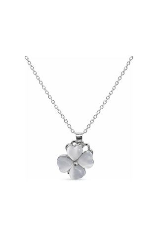 Beyaz Taşlı Kalp Yonca Kolye Unisex Metal Zincir 60 Cm Altın - Gümüş