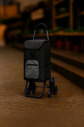 Sessiz 3 Tekerlekli Pazar Arabası Su Geçirmez, Fermuarlı Çantalı Siyah