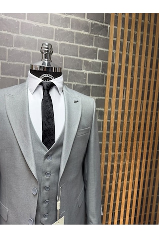 Dupont Classics Erkek Slim Fit 6 Drop Sivri Yaka Yelekli Poliviskon Çift Yırtmaç Takım Elbise Açık Gri