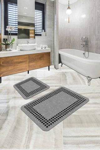 Gri Kazayağı Desenli Banyo Halısı Klozet Paspas Seti Bs332n11