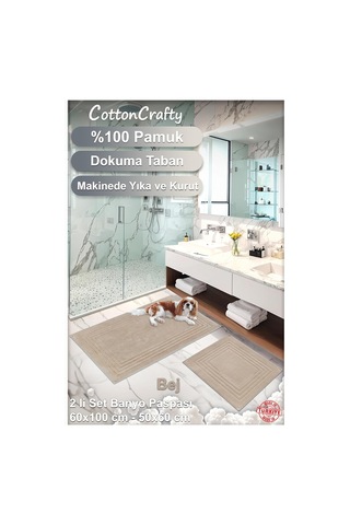 Cottoncrafty %100 Pamuk Dokuma Su Emici Banyo Paspas Seti, Banyo Halısı Vera 2 Li Set 60x100-60x50 Bej Genel