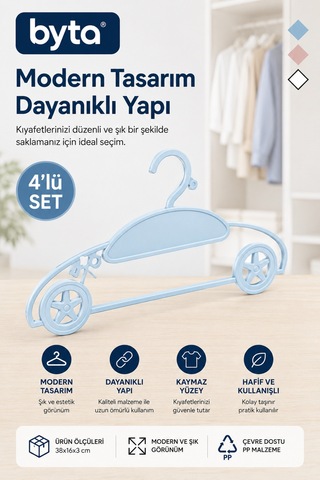 Araba Tasarımlı Çocuk Elbise Askısı 4'lü Set Dayanıklı Dekoratif Plastik Giysi Askısı Mavi