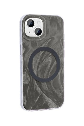 Apple Uyumlu iPhone 15 Kılıf M-safe Şarj Özellikli Fırça Boya Desenli Zore Palet Kapak Gri