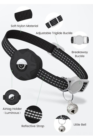 Geeroyoo Kedi İzleyici Kolye, Airtag Uyumlu Silikon Kılıf, Yansıtıcı Şeritli, Güvenli Kilit, Işıklı Ve Ayarlanabilir Siyah