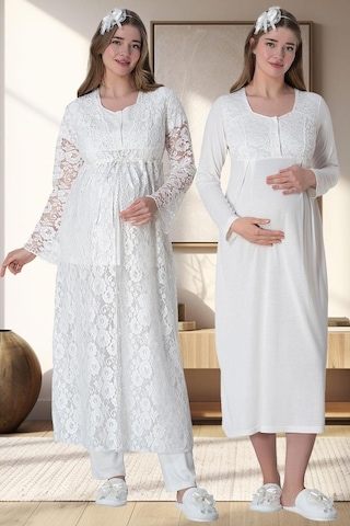 Mecit Pijama Mecit 6060 Bayan Ekru Sabahlık Gecelik Pijama Hamile Lohusa Set 001