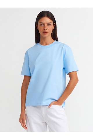Dilvin 30312 %100 Pamuk Dekoratif Dikişli Bisiklet Yaka T-shirt-açık Mavi Açık Mavi