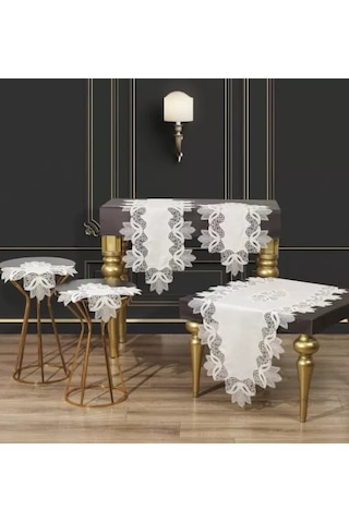Storeşahin Krem-gold Kayla Model Keten 5 Parça Masa Örtüsü Runner Seti Salon Takımı No 2323 Shn0720 Krem - Gold