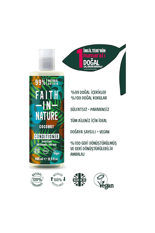 Faith in Nature %99 Doğal nemlendirici Hindistan Cevizi Normal & Kuruya Dönük Saçlar İçin Saç Bakım Kremi 400 ML