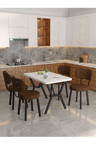 Azra 70x110cm Beyaz Mutfak Masası, Mutfak Masası Takımı, Yemek Masası, 4 Kahverengi Sandalye Kahverengi