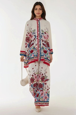 Hiccup Baskıllı Yüksek Bel Kimono Ve Pantolon İkili Modest Takım Beyaz