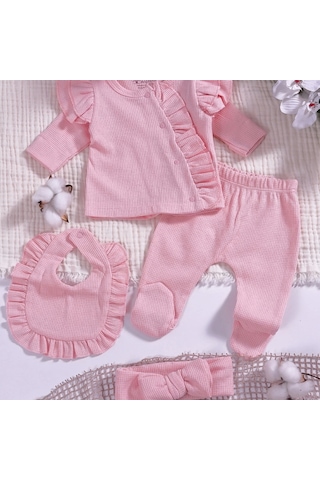 Omuzdan Fırfır Detaylı 5 Parça %100 Pamuk Kız Hastane Çıkışı Pembe