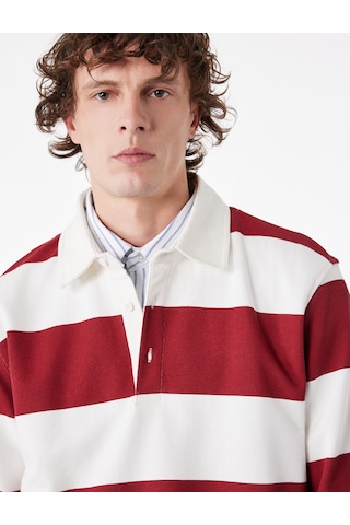 Koton Uzun Kollu Pamuklu Düğmeli Polo Yaka Çizgili Sweatshirt Kırmızı Çizgili 6sam70078mk