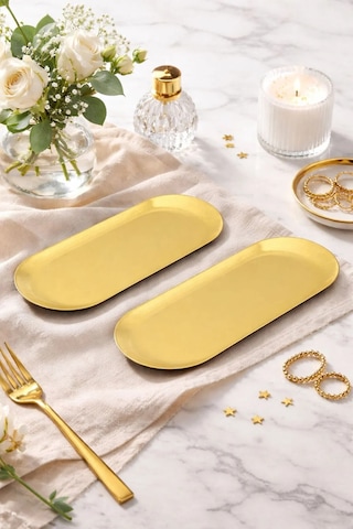 2 Kişilik Lüks Gold Metal Sunumluk Tepsi Oval Sunum Servis Tepsisi 23cm Altın - Gold