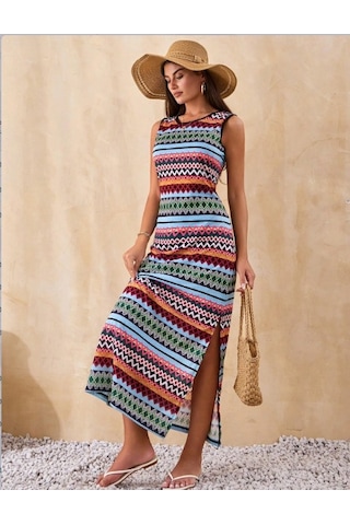 Kadın Bisiklet Yaka Cizgi Desen Süprem Elbise Haki