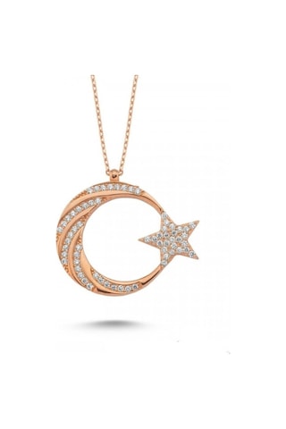 Gümüş Ay Yıldız Hilal Rose Gold Renk Kolye 925 Ayar Gümüş