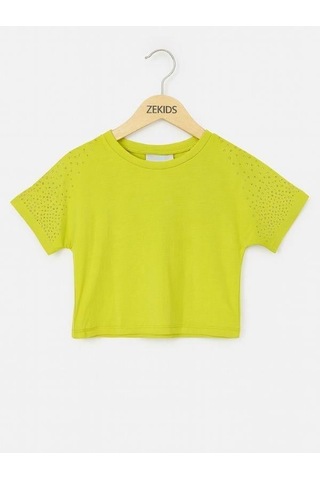 Kız Çocuk Taş İşlemeli Pamuklu T-shirt-15981 Sarı