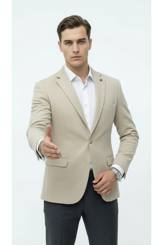 Plus Scorpion Erkek Kolu Yamalı Blazer Ceket Taş Renk, İtalyan Kesim Slim Fit, Şık Tasarım Taş