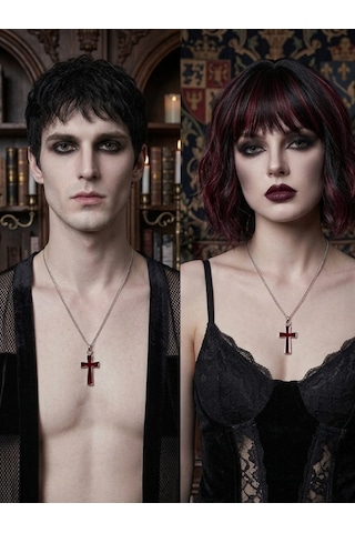 Unisex Gotik Haç Kolye Kırmızı Gri Gümüş Vintage Cross Kolye, Retro Zincir Kolye, Kadın Erkek Punk Gothic