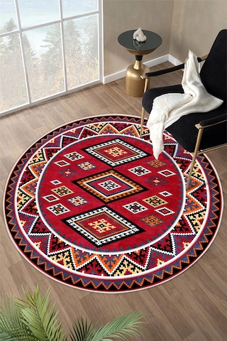 Kırmızı Etnik Kilim Desenli Dijital Baskılı Kaymaz Taban Yıkanabilir Yuvarlak Halı