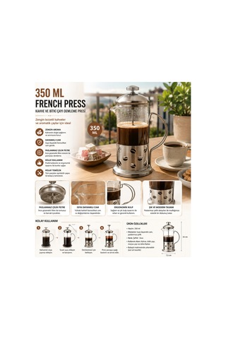 350 Ml French Press Cam Gövdeli Paslanmaz Çelik Filtreli Kahve Ve Bitki Çayı Demleme Presi Gümüş