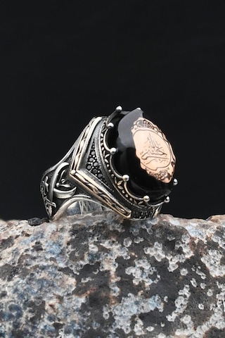 Hz. Ali Zülfikar Kılıcı Ve Hasbiyallah Yazılı Sıkma Kehribar Taşlı 925 Ayar Gümüş Yüzük 901997 Gümüş