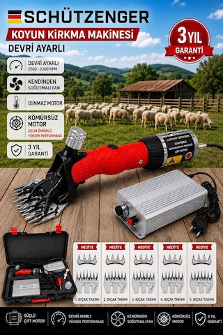 Sc-2020w Adaptörlü Keçi Koyun Kırkma Makinesi Devir Ayarlı Kömürsüz Motor 5 Bıçak Takım Isınmaz Motor