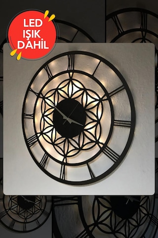 Led Işıklı Çiçek Duvar Saati Sessiz Dekoratif Modern Siyah Ahşap Siyah