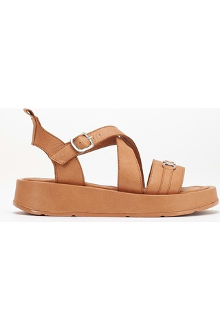 Analin Shoes Kadın Hakiki Deri Çapraz Bilekten Bantlı Günlük Sandalet Taba
