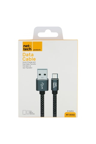 Nettech Nt-dc02 İp Örgü 300 Cm Micro Şarj Ve Data Kablosu Siyah
