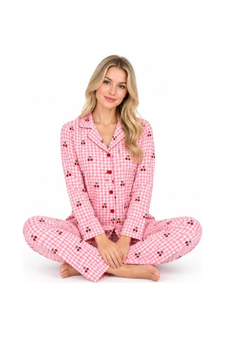 Sleeeproom Kadın Süet Düğmeli Mevsimlik Ekose Desen Pembe Pijama Takımı Pembe - Beyaz