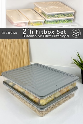 2'li Fitbox Set 2400 Ml Hava Geçirmez Buzdolabı Ve Buzluk Düzenleyici Gri Kapak