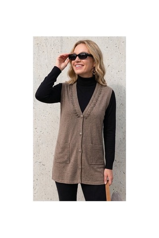 Onno Style Women Yakası Taşlı Çelik Örgü Triko Kadın Yelek Bej