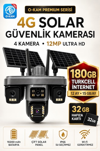 O-kam Ok335set2 12mp 4 Kameralı 4g Çift Solar Panel Gece Görüş 180gb 12ayx15gb Turkcell +32gb Hafıza
