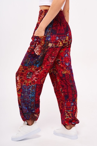 Giysa Kırmızı Etnik Desenli Kadın Şalvar Yoga Pantolonu %100 Viskon Çift Cepli - 2460 Kırmızı