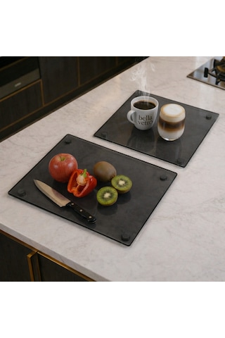 2'li Temperli Cam Kesme Tahtası 20x30 & 25x35 Cm Hijyenik Mutfak Doğrama Camı Kesme Tablasıı Bella Vetro Füme