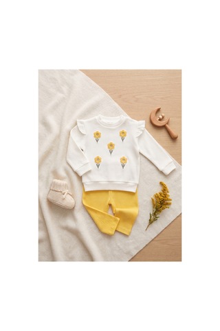 Deniva Kids Kız Bebek Sarı Çiçek Nakışlı Fırfırlı Fitilli Kaşkorse Sweatshirt Ve Tayt İkili Takım