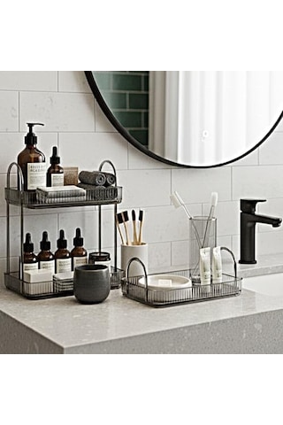 Banyo Düzenleyici Organizer Banyo Rafı Duman Gri, Tek + İki Katlı Set Açık Ahşap