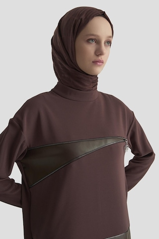 Armine Trend Deri Ve Fermuar Detaylı Fitilli Tunik Kakao 25kt452 Kakao