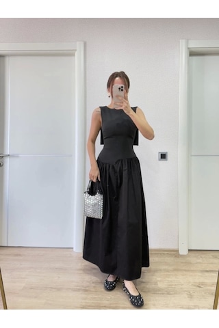 Defymoda Arkası Kanatlı Uzun Elbise- Siyah Siyah