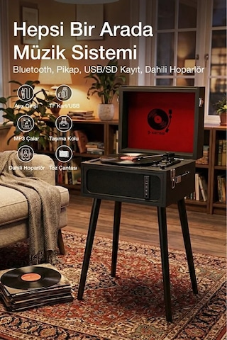 Bluetooth Retro Pikap Plak Çalar Taşınabilir Çanta Tasarım, Usb & Aux Destekli, 33/45/78 Rpm