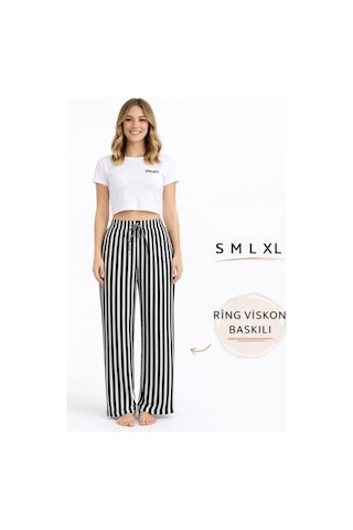 Viskon Pamuklu Kadın Siyah Çizgili Pijama Pantolon - Mg001 - Mudanis